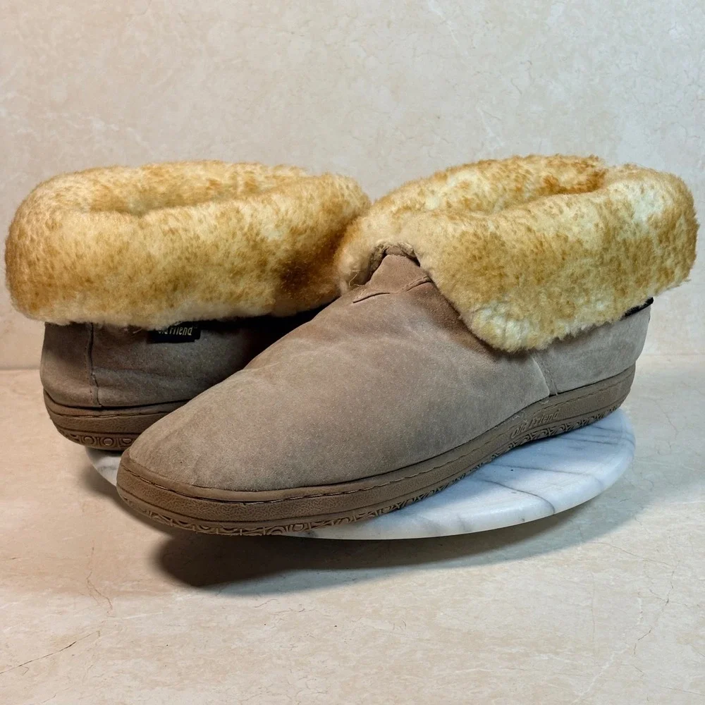 Old Friend Men's Suede Sheepskin Lined Moccasin Slippers Boots Tan M13 Cozy Warm